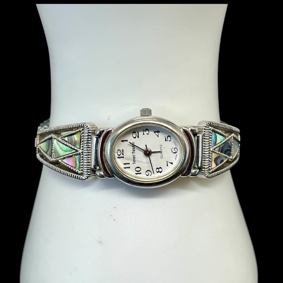 VTG Times Square Quartz Womens Watch NA Style Silver Tone Abalone Inlay Stretch - Picture 1 of 11